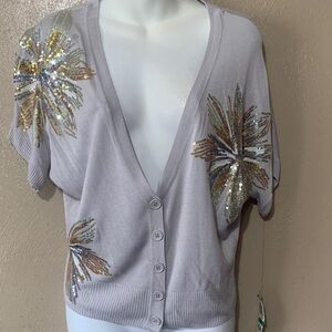 INC International Concepts Gray Sequin Floral Embellished V-Neck Sweater NWT